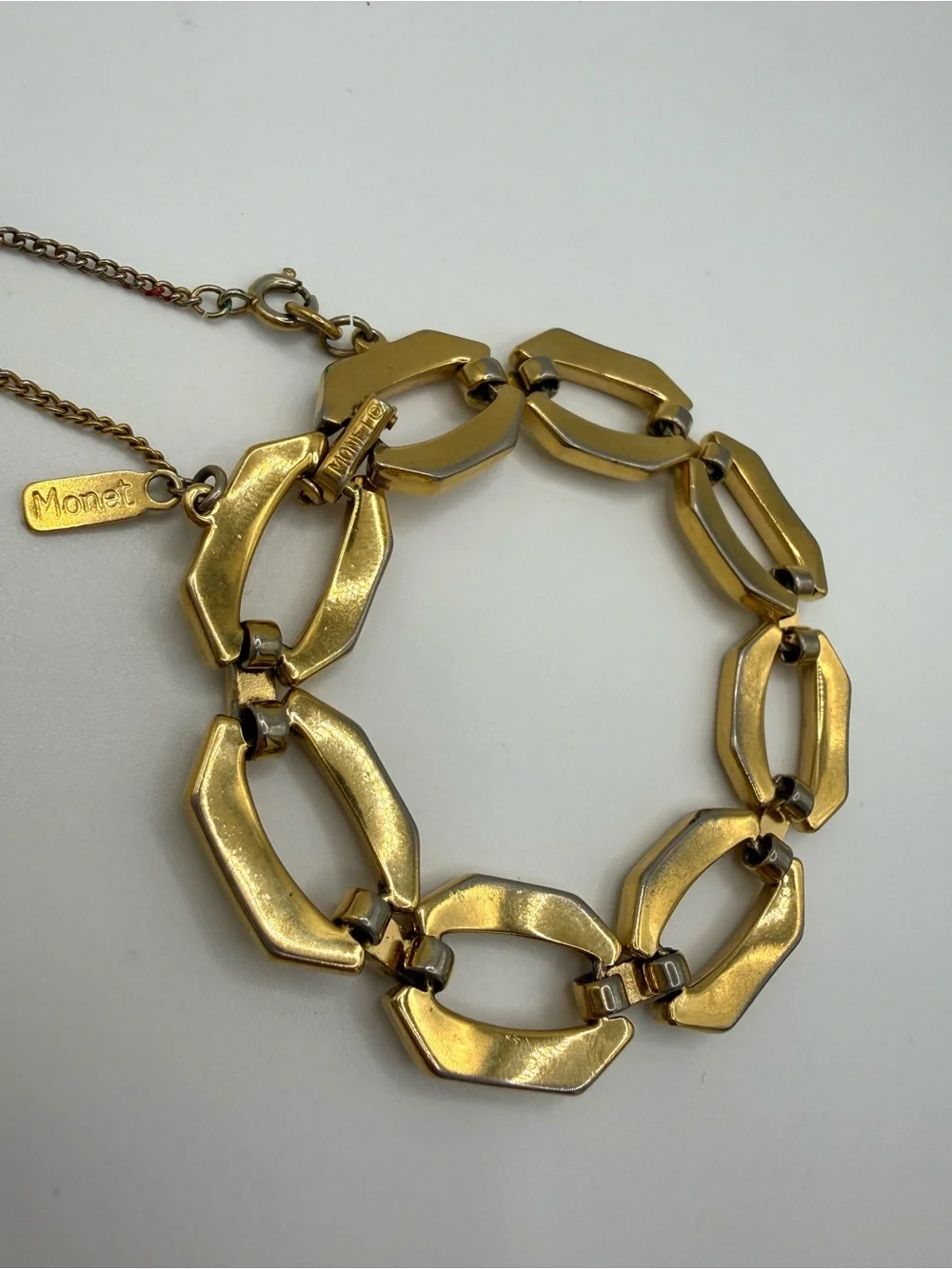 Vintage MONET Signed Chunky Gold Tone Hexagonal Link Bracelet 6.5